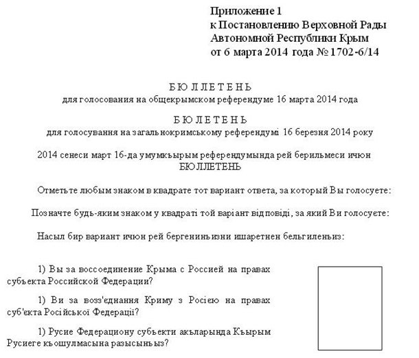 Обнародован бюллетень голосования для крымского референдума
