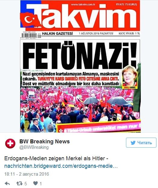 Турецкая газета опубликовала фото Меркель в образе Гитлера