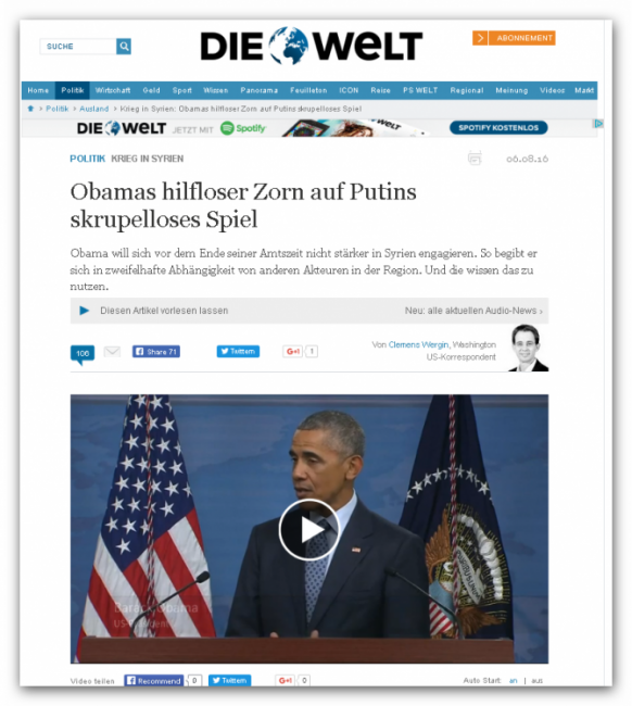  В мире 	 Die Welt: От американского возмездия Путина и Асада спасает лишь нерешительность Обамы 