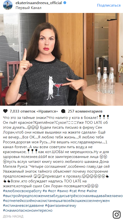 В сети обеспокоились психикой Екатерины Андреевой после поста о вине