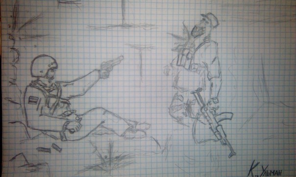 Горит на склоне сбитый 25-й...