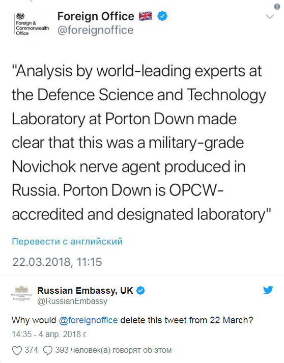 ЕС не поддержал проект заявления ОЗХО после заседания по инциденту в Солсбери | МИД Британии удалил твит об установлении происхождения "Новичка"