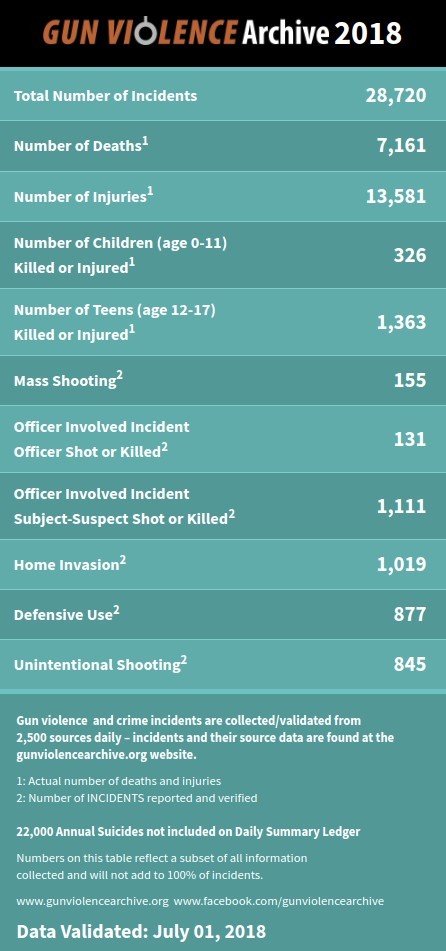 Статистика применения огнестрельного оружия в США за шесть месяцев 2018 года