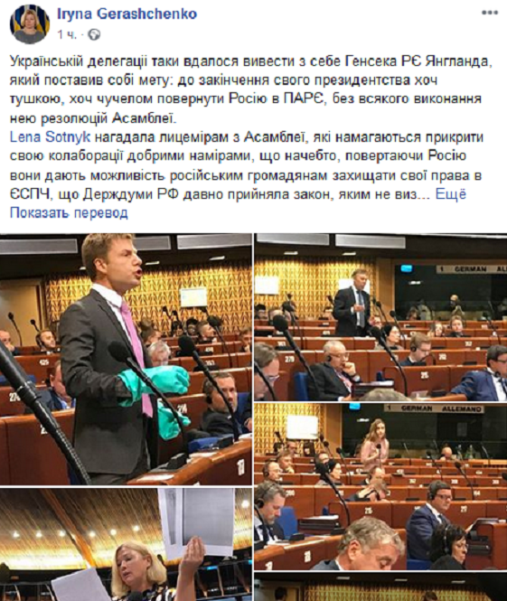 Украинский депутат получил замечание за зелёные перчатки на заседании ПАСЕ