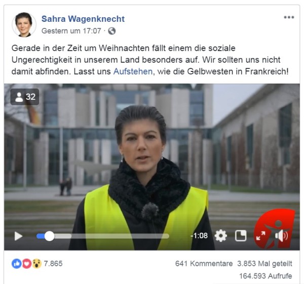 Сара Вагенкнехт: Германии также нужен протест «жёлтых жилетов»