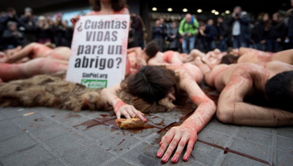 Зоозащитники разделись, облились краской и полежали на площади Каталония