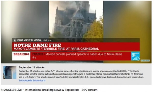 YouTube принял горящий Нотр-Дам за фейковое видео