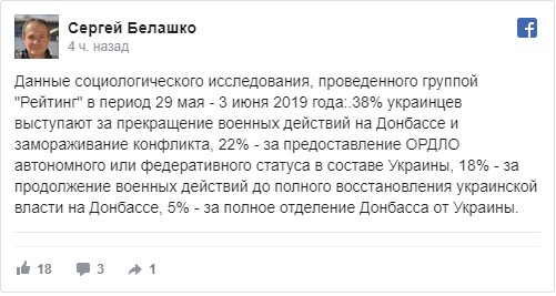 Белашко: Большинство украинцев за прекращение войны в Донбассе или предоставление ему автономии