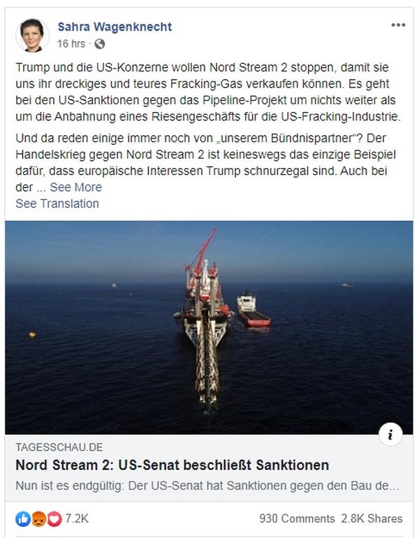 «Американцы нам не союзники!» Сара Вагенкнехт про Трампа и санкции США против «Северного потока -2»