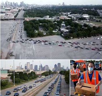 Штат Техас, США. «Если бы не это, мы бы, наверное, голодали»: автомобильная очередь тянется более чем на милю в фейр-парке Food Giveaway