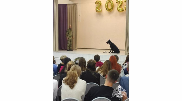 Кинолог Росгвардии вместе со своим четвероногим напарником пришли в гости к ивановским школьникам