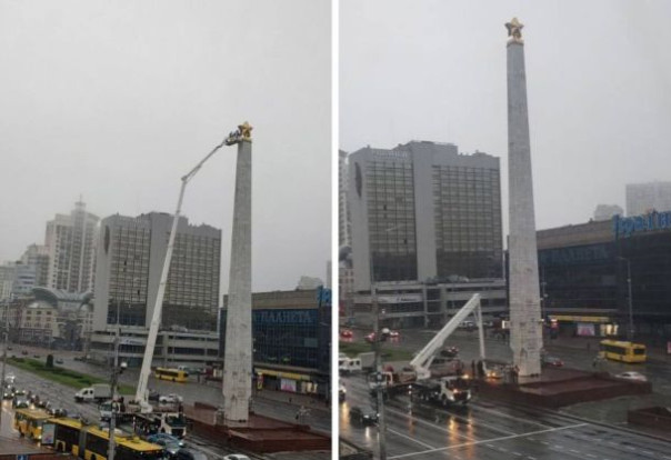 В Киеве прямо сейчас демонтируют советскую звезду со стелы в честь 60-летия Победы над нацистской Германией