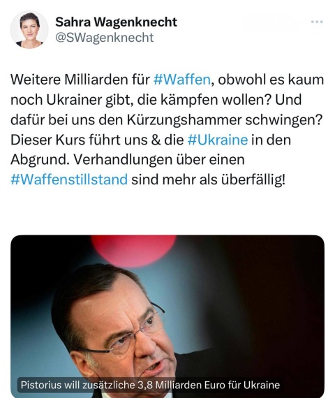 Сара Вагенкнехт: Желающих воевать украинцев не осталось, назрели переговоры