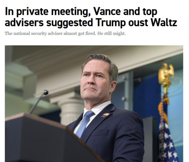 На частной встрече вице-президент США Джей Ди Вэнс и главные советники Трампа предложили ему уволить Майка Уолтца, утверждает Politico