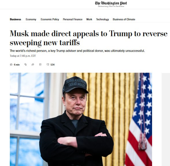 Маск обратился к Трампу с призывами «отменить новые радикальные тарифы», пишет Washington Post