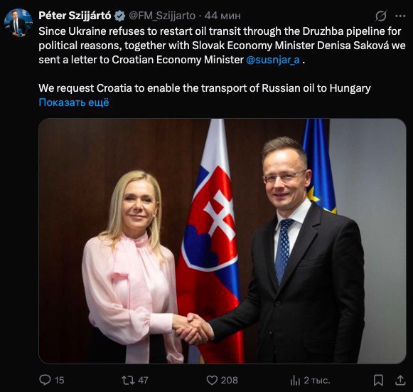 Венгрия и Словакия обратились к Хорватии с просьбой разрешить транзит нефти из России. Об этом сообщил глава венгерского МИД Петер Сийярто.