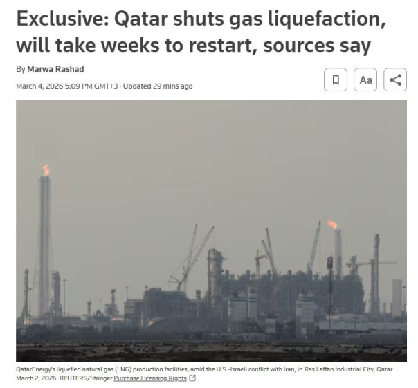 Катар прекращает сжижение СПГ на заводе в Рас-Лаффане, объявив форс-мажор в отношении экспорта.