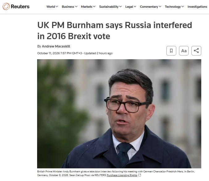 Бернем обвинил Россию в Brexit — Reuters